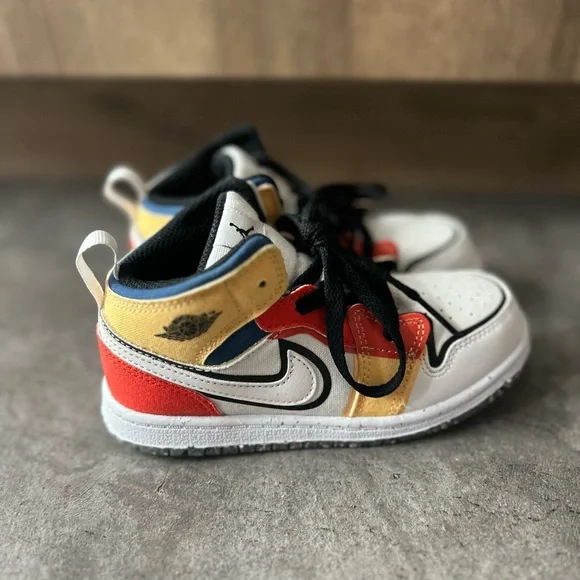 Jordan 1 Mid SE White Picante Red French Blue Black Toddler Sneakers - Picture 2 of 7